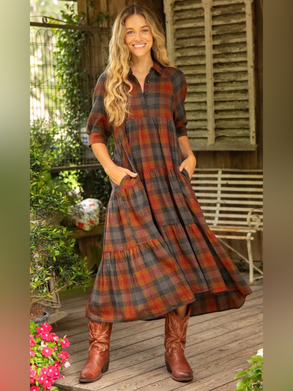 NEW Natural Life Plaid Cotton Flannel Rebecca Tiered Midi Dress Sz M